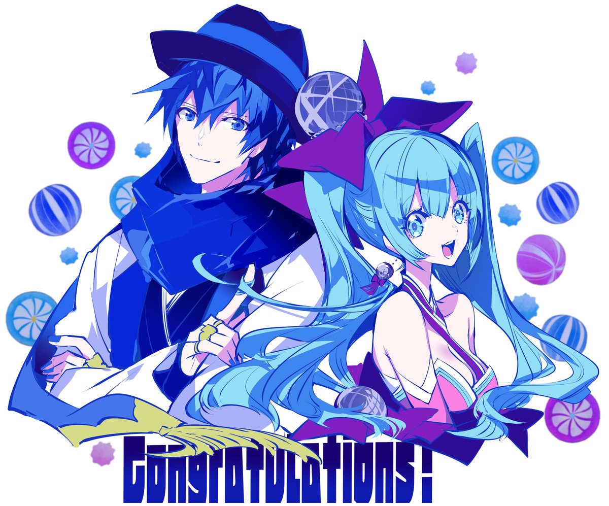 hatsune miku ,kaito (vocaloid) 1girl 1boy blue hair long hair smile twintails blue eyes  illustration images