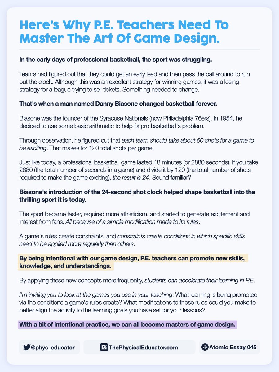 phys_educator's tweet photo. ⛹️‍♂️ What can the origin of basketball's 24-second shot clock teach us about becoming better #physed teachers?

🤯 As it turns out, it can teach us a whole lot.

👇 Read today's Atomic Essay to learn why every P.E. teacher needs to master the art of game design. https://t.co/VIa11Jm8Lo