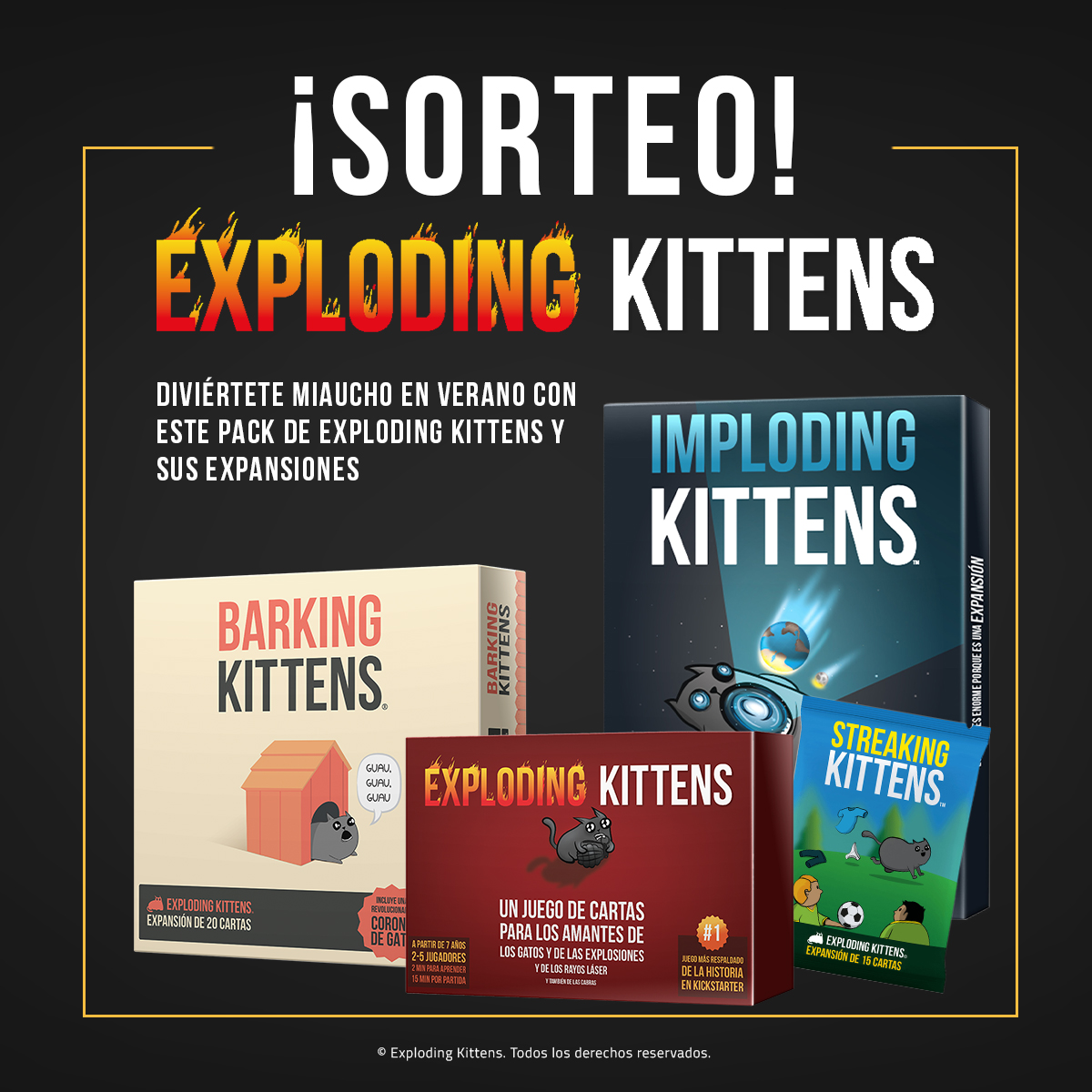 ¡¡SORTEO!!

Maúllan, ronronean... ¡¡Y explotan!! Llévate TODO Exploding Kittens participando en nuestro sorteo. ¿Cómo hacerlo? Es muy fácil:

1⃣ Síguenos.
2⃣ Haz RT a este tuit
3⃣ Menciona a esa persona que acariciaría a un gatito aunque fuera a explotar.

¡Hasta el viernes 13!
