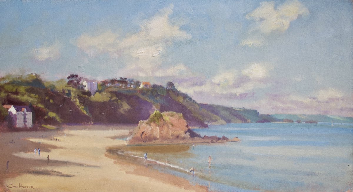 Railpainter's tweet photo. This is the finished Tenby painting. Oil on 13”x 24” panel, painted on location at Tenby North Beach. The rock in the centre is Goscar Rock, sketched by JMW Turner. #tenby #painting #pleinair #goscar #rock https://t.co/ba1skchV8t