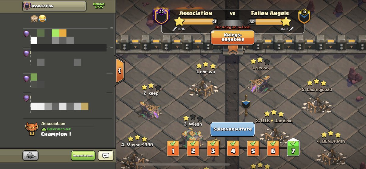 🔥 Association spielt C1! 🔥

Schweiß. Kraft. Zeit. 💯
Diese CWL Gruppe hat uns alles abverlangt, um nach nur zwei Seasons, endlich wieder in C1 zu spielen❗️🏆

#ClashOfClans 🥇