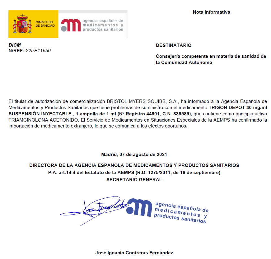 FarmaciAPMalaga's tweet photo. Informa @AEMPSGOB de problemas de suministro de TRIGON DEPOT (triamcinolona acetónido) 40 mg/ml
SUSPENSIÓN INYECTABLE , 1 ampolla de 1 ml (C.N. 839589). Se habilita su solicitud por Medicamentos Extranjeros https://t.co/6DHo7i2ISo