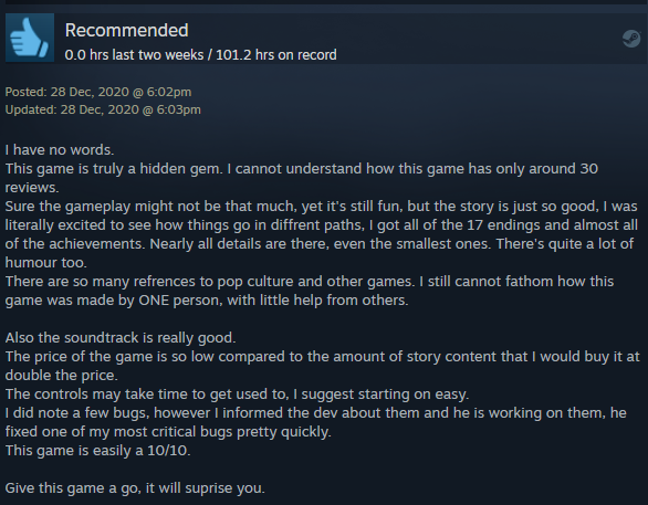 Woah! We're mind blown by this Kosmokrats review with 101 hours played 🤯

Fortunately, you don't have to pay double the price! 

You can buy <a href="/PixelDelusion/">Pixel Delusion</a>'s Kosmokrats on sale now: s.team/a/1204410