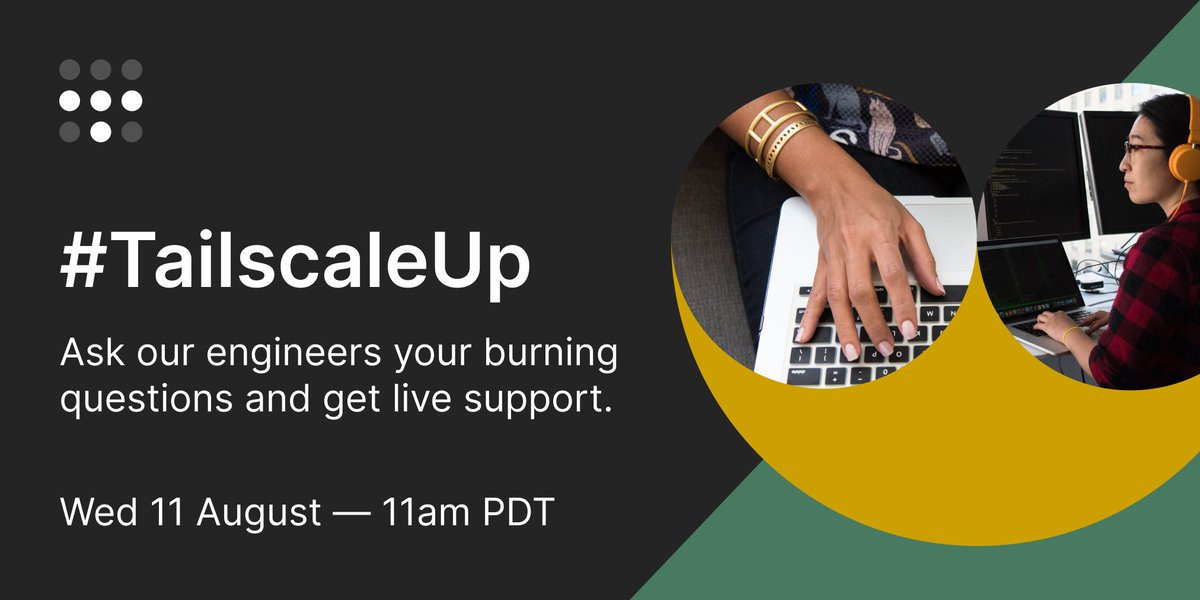 Tailscale's tweet photo. Join us TODAY at 11a PT/ 2p ET for #TailscaleUp. Tailscale engineers look forward to discussing topologies, questions, and wish list items with you! ⚡️ https://t.co/pJNjbxP6ER