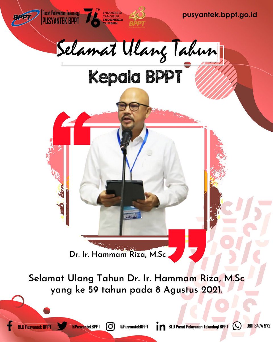 PusyantekBRIN's tweet image. Kami Keluarga Besar Pusyantek BPPT mengucapkan Selamat Ulang Tahun Pak Hammam, Semoga Bapak senantiasa diberikan kesehatan, kelancaran dan semangat untuk terus berinovasi membangun ekosistem inovasi teknologi untuk negeri Indonesia tercinta ini.

#ulangtahun
#BPPTSolidSmartSpeed