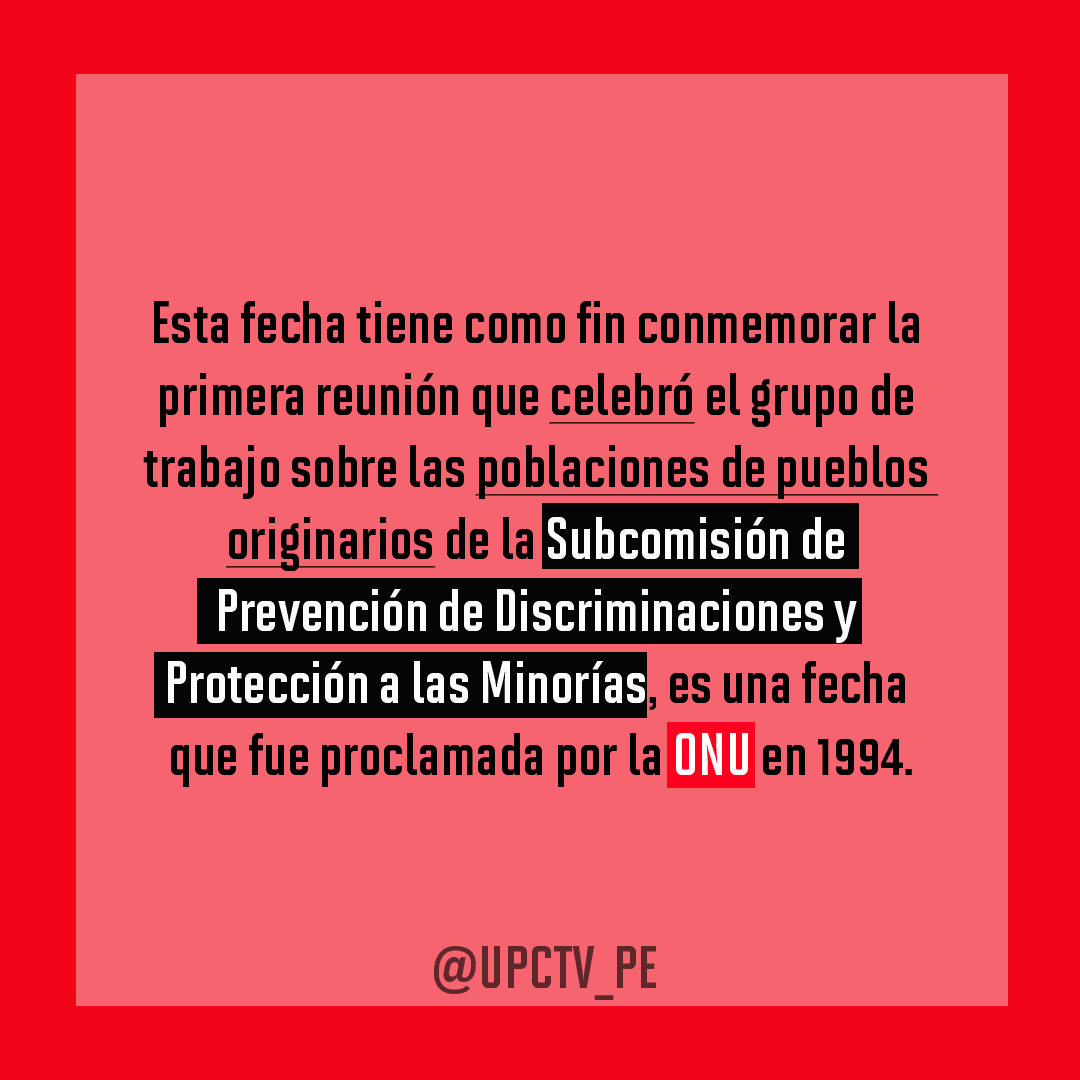 upctv_pe's tweet photo. Cada 9 de agosto celebramos el Día Internacional de los Pueblos Indígenas. ¿Cómo se establece esta fecha? Aquí te lo contamos.
#UnDíaComoHoy #SabíasQué #PoblacionesIndígenas #PueblosOriginarios #ProtecciónDeMinorías #ONU #UPC #UPCTV https://t.co/Nq8H0BbmGp