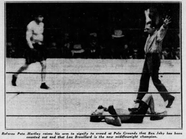 jeffreyboxe's tweet photo. 9 août 1933: Lou Brouillard (100-31-2, 57 ko’s) de Saint-Eugène, Québec remporte le titre NYSAC des moyens contre Ben Jeby. #OnThisDay #boxe #Boxing #Histoire #History https://t.co/HRM9HfU6ST
