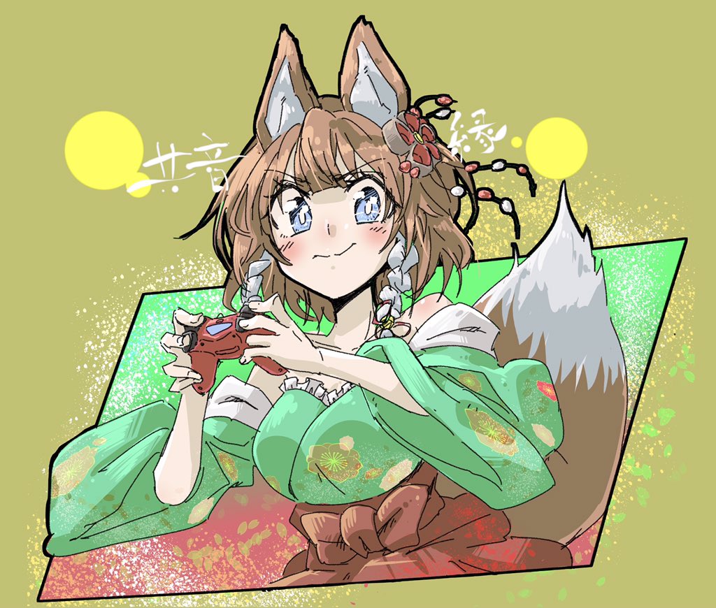 1girl animal ears tail fox ears brown hair solo blue eyes  illustration images