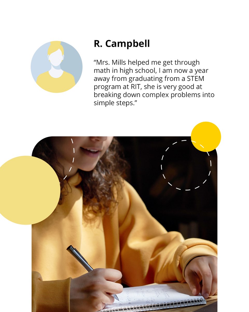 MathMills's tweet image. &quot;Mrs. Mills helped me get through math in high school, I am now a year away from graduating from a STEM program at RIT, she is very good at breaking down complex problems into simple steps.&quot;