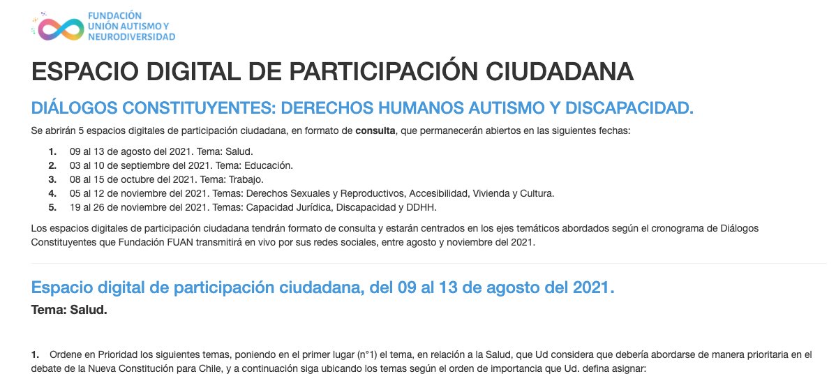 FuanFundacion's tweet photo. Fundación FUAN abre inscripción para Diálogo Constituyente sobre salud Vía Zoom (cupos limitados): https://t.co/hF8iiVULef
Y pone a disposición encuesta digital: https://t.co/SwRlpYVK20 
Eje temático de ambas instancias: Salud.
Más info en: https://t.co/8HePTgFq3H
#DDHH #Autismo https://t.co/xoRdO7EXCj