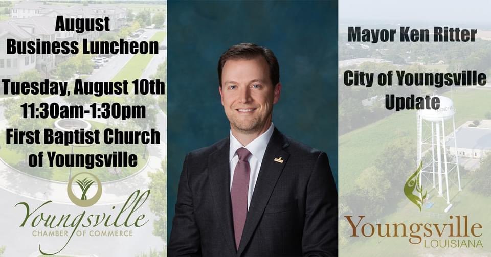 YoungsvChamber's tweet photo. Join us tomorrow at First Baptist Church at 11:30am to hear @mayorkenritter speak about updates pertaining to @CityYoungsville! Thank you to our sponsors @BonTempsGrill, who will be providing lunch, and Bead Busters & Float Rentals LLC! #YoungsvilleChamber #WhereLifeIsSweeter https://t.co/JUOxAGVhN6