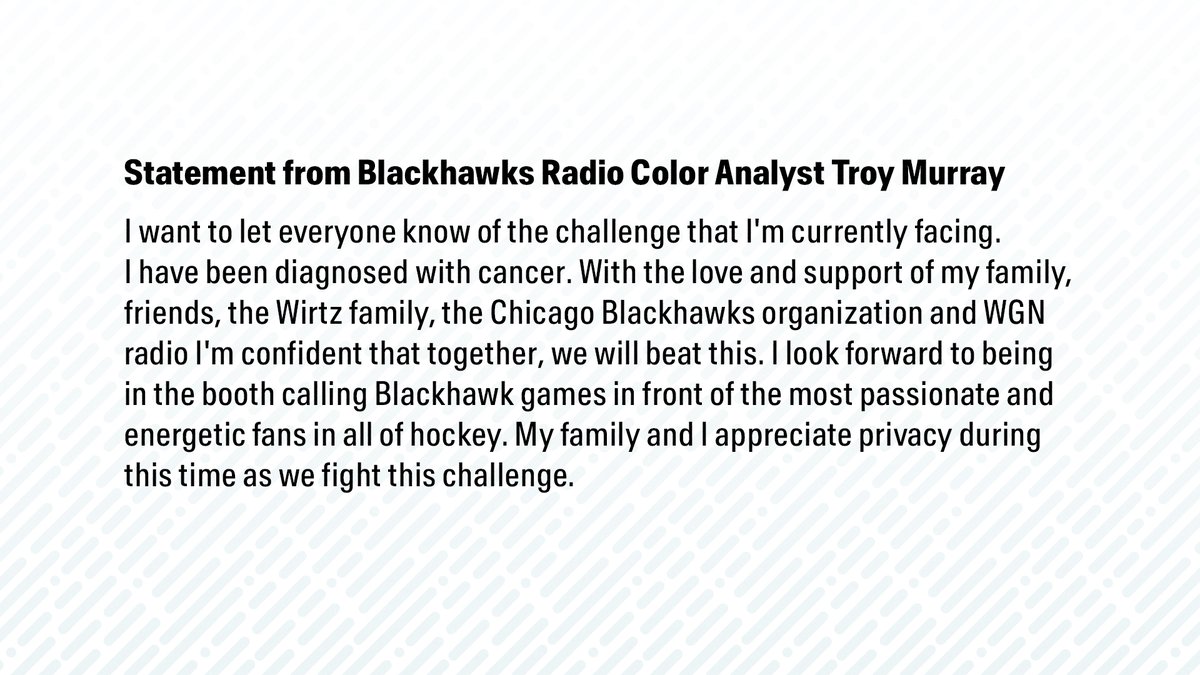 NHLBlackhawks's tweet photo. Medical update on #Blackhawks Radio Color Analyst Troy Murray ❤️ https://t.co/qV5VoHlkgX