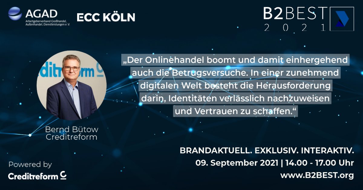 ECCKoeln's tweet photo. Wir freuen uns auf den Vortrag unseres Sponsors @Creditreform bei der nächsten #B2BEST #DIGITAL. 👏 Bernd Bütow wird mit seinem Kollegen Daniel Guschauski über das Thema "Digitale Identitäten im #B2B Onlinegeschäft" sprechen. Zum kostenfreien Ticket 👉 https://t.co/IMOU6F9GoI https://t.co/9Pa5hqviN6