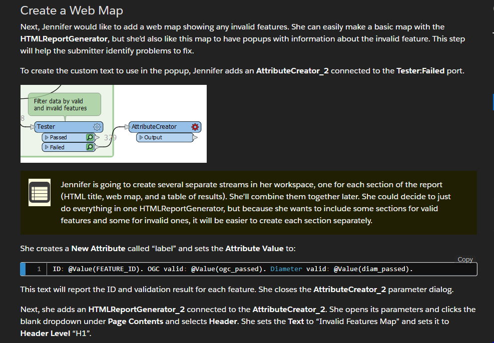 ivesleung's tweet photo. #FMEAcademy Is there a badge for spotting bugs along a trail? 😏 
 
In the Digital Plan Submission module - Build a Validation Report Unit, under Create a web map, the text AttributeCreator_2 should be AttributeCreator, referencing the illustration below. 

@SafeSoftware https://t.co/W0Rdq32jSB