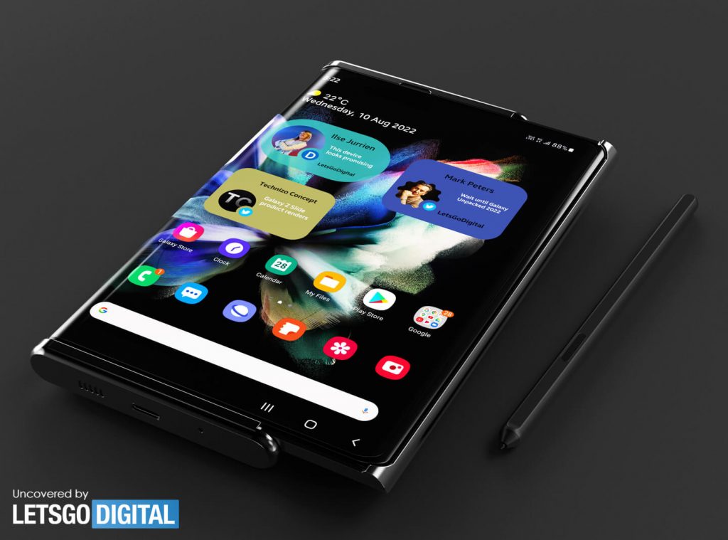 TechKard's tweet photo. So here are the Samsung Unpacked 2022 preview: Galaxy Z Slide

📷Under panel camera
🖊️Samsung S Pen support
📱Flexible display extends to the rear side

Via @letsgodigitalNL
https://t.co/9pTrGS9vg9

#Samsung #SamsungUnpacked #GalaxyZSlide #SamsungZSlide https://t.co/L4ZIiUDVaK
