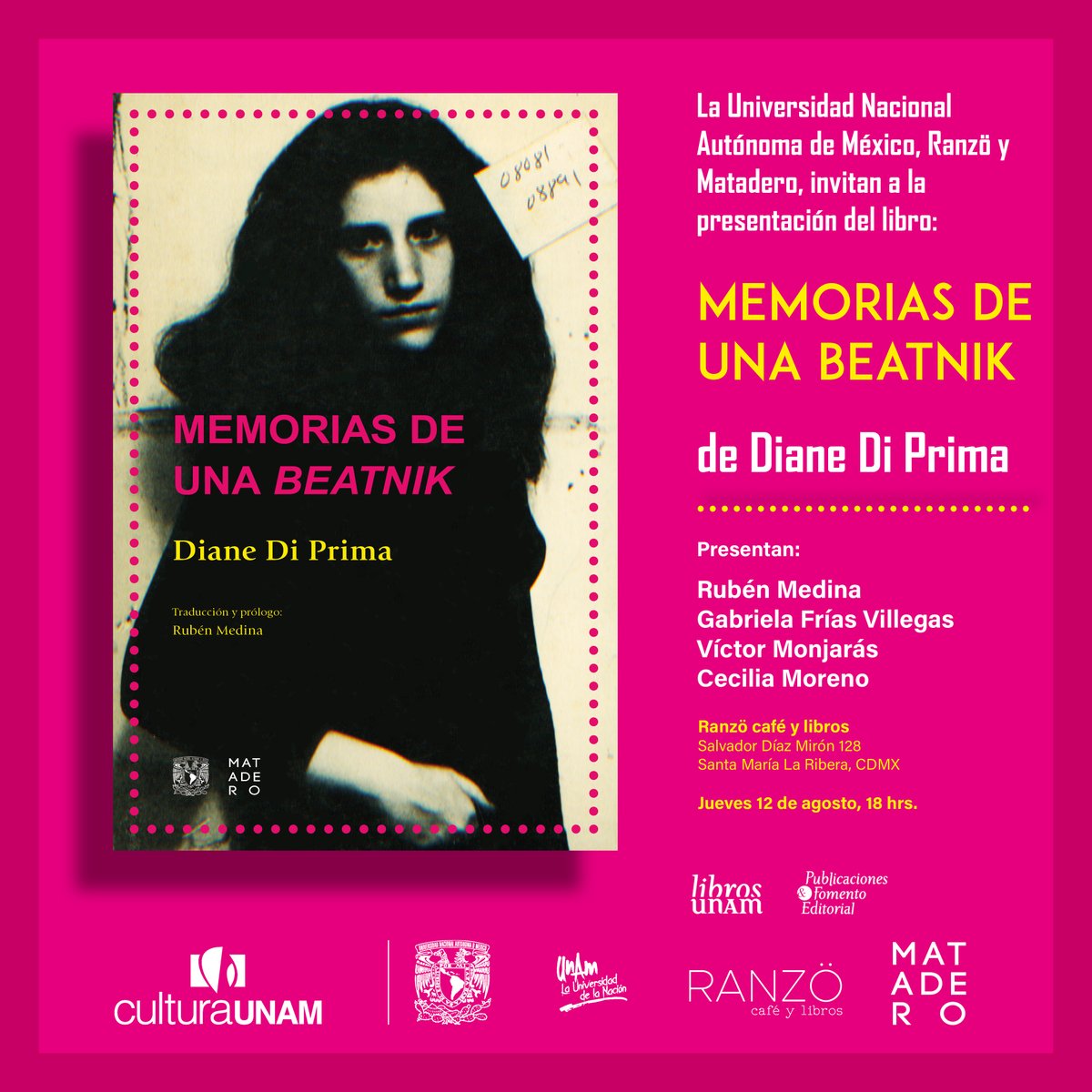 🖋️¡El próximo 12 de agosto a las 18 hrs., acompáñanos a la presentación de _Memorias de una beatnik_, de Diane Di Prima! Presentan: Rubén Medina, Gabriela Frías Villegas <a href="/gavilla/">Gabriela Frías</a>, Cecilia Moreno @CeciliaCoctelmx y Víctor Monjarás. <a href="/MataderoLibros/">Matadero Editorial</a> #LibrosUNAMenCasa