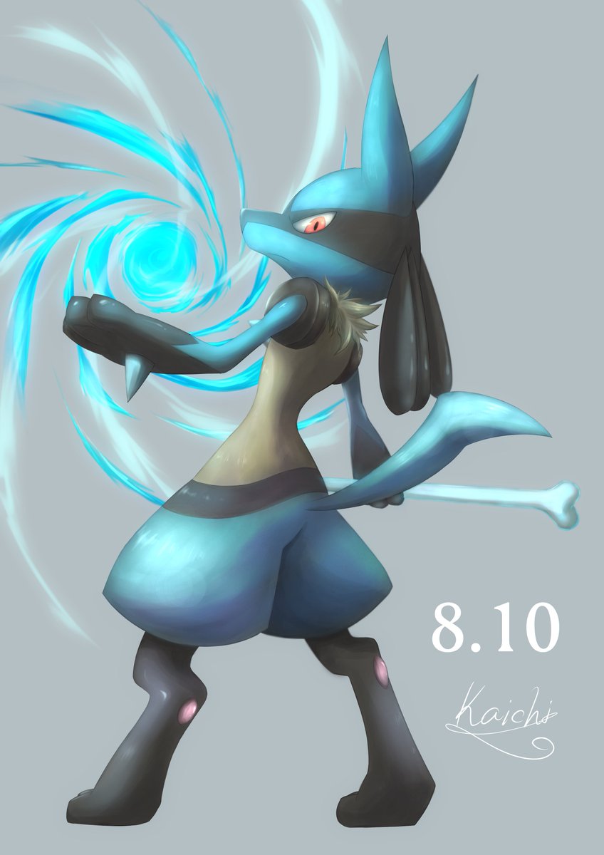 lucario pokemon (creature) solo red eyes 1other grey background standing furry  illustration images