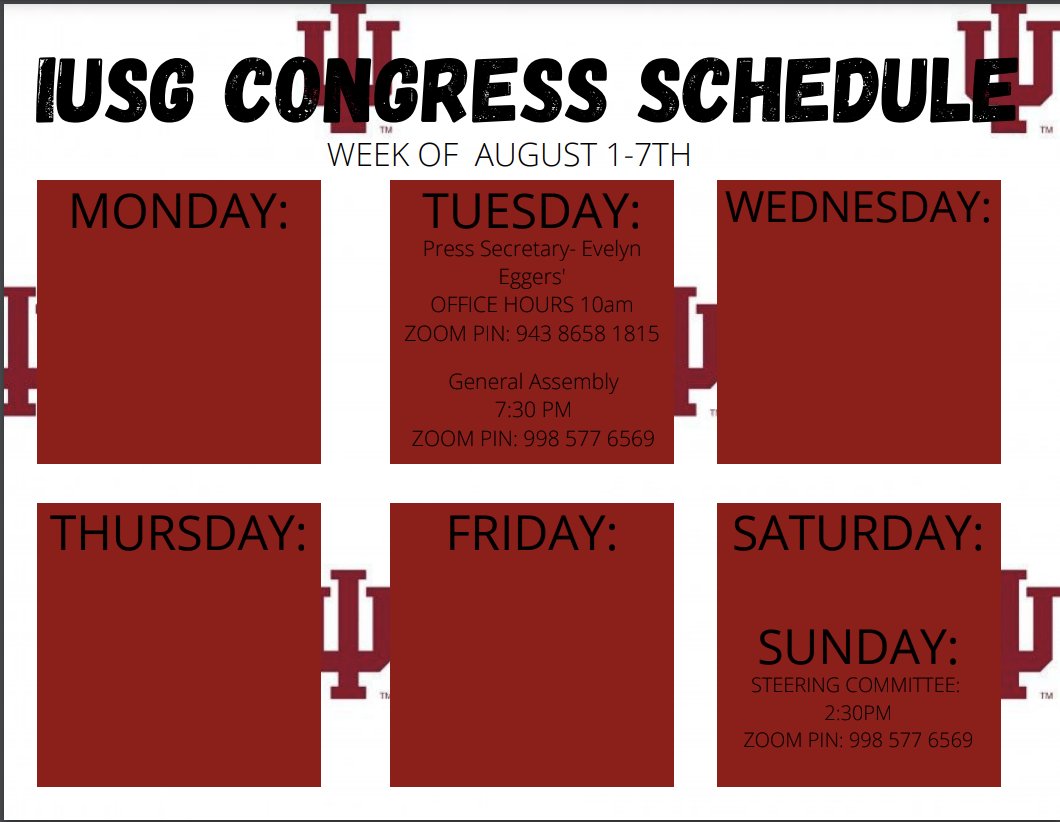 IUSGCongress's tweet photo. Happy Monday Hoosiers! Join Congress during one of our meetings this week! Everyone have a great week!  
(schedule below) https://t.co/QluT735bMX