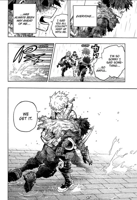 This page breaks my heart!! Izuku's desperation, him stumbling, Katsuki zooming to catch him, and Izuku finally feeling safe enough to collapse and pass out!!#BKDKAPOLOGY #SaveToWin #WinToSave #bnha322 