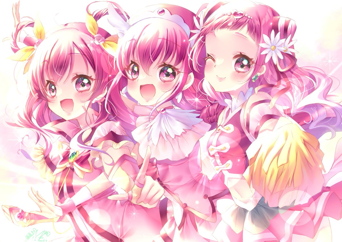 hoshizora miyuki ,yumehara nozomi 3girls butterfly brooch multiple girls pink hair one eye closed color connection smile  illustration images