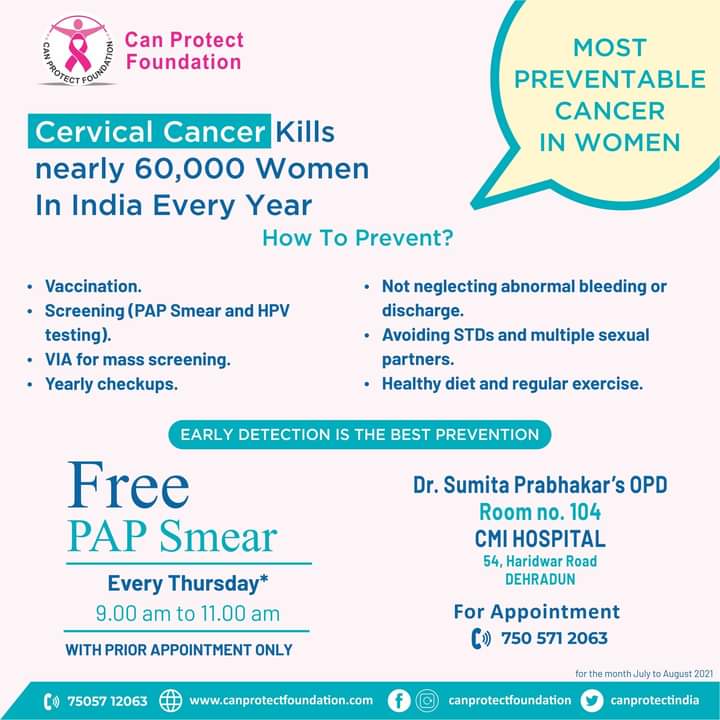 PrabhakarSumita's tweet photo. Can Protect Foundation is hosting weekly free pap smear camp every Thursday at #Gynecology OPD, CMI Hospital Dehradun. There will be #papsmear tests done. We encourage every healthy women to come for pap test.
#freepapsmear #smearthursday #dehradun #womenshealth https://t.co/0exRmbnnjl