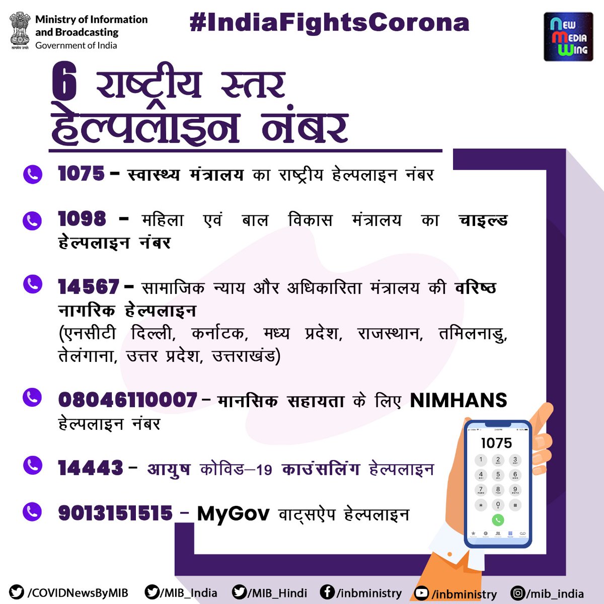 #IndiaFightsCorona:

📍6 राष्ट्रीय स्तर हेल्पलाइन नंबर

1075 : <a href="/MoHFW_INDIA/">Ministry of Health</a> राष्ट्रीय हेल्पलाइन
1098 : <a href="/MinistryWCD/">Ministry of WCD</a> चाइल्ड हेल्पलाइन 
14567 : <a href="/MSJEGOI/">Ministry of Social Justice & Empowerment, GOI</a> वरिष्ठ नागरिक हेल्पलाइन
08046110007 : NIMHANS हेल्पलाइन नंबर
14443: <a href="/moayush/">Ministry of Ayush</a> कोविड–19 हेल्पलाइन
9013151515: <a href="/mygovindia/">MyGovIndia</a> हेल्पलाइन