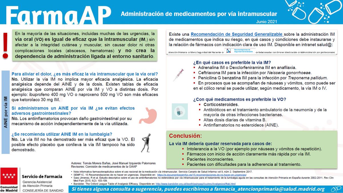 Recuerda que en mayoría de situaciones vía 💊oral es igual de eficaz que 💉IM  

Vía intramuscular debería quedar reservada para:
👉intolerancia a vía oral
👉fármacos con inicio de acción mucho + rápido IM
👉pacientes inconscientes o dificultades para adherencia

<a href="/FarmaMadridAP/">Farmacia Madrid AP</a>