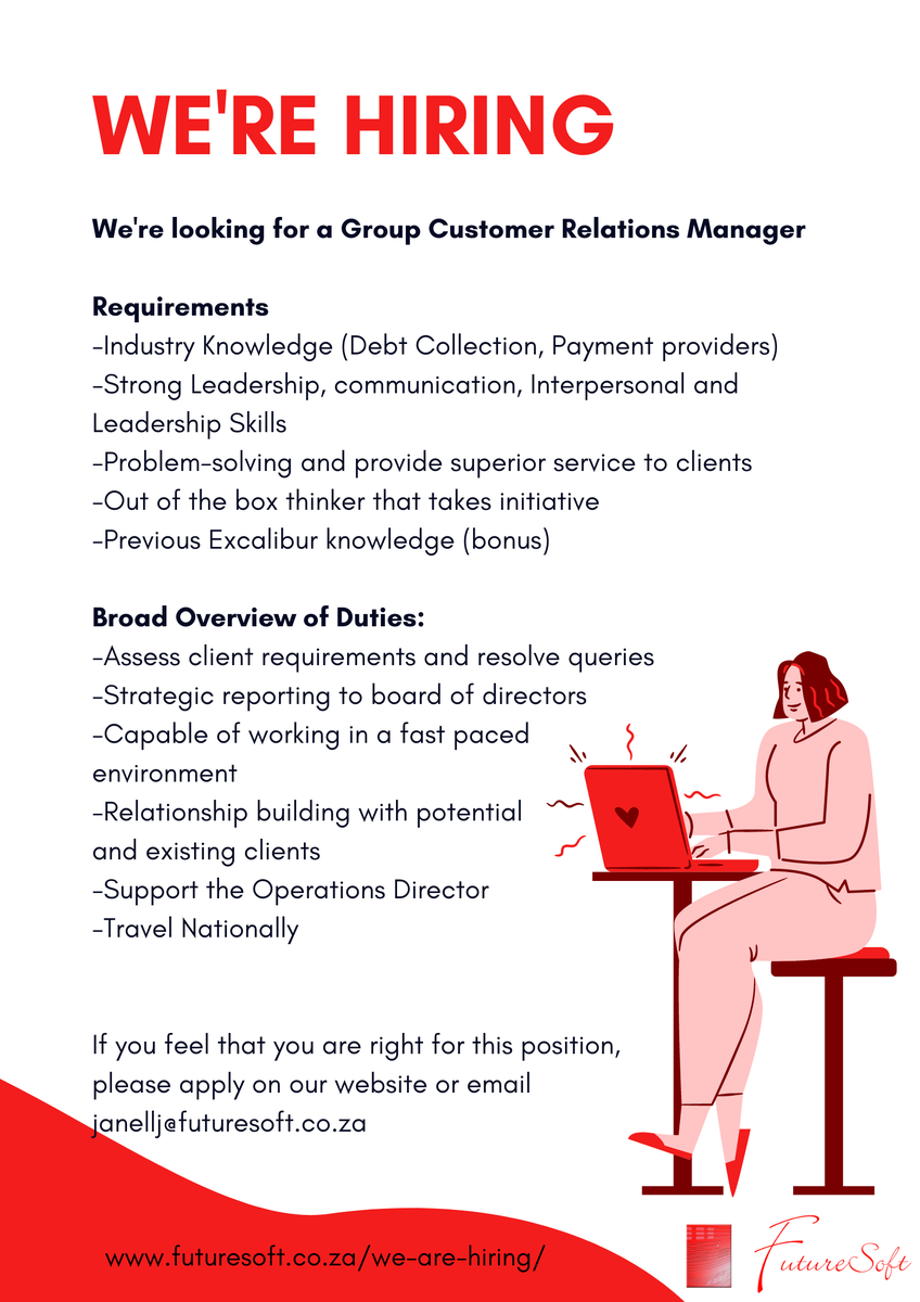 FutureSoft_'s tweet photo. We're looking for a Group Customer Relations Manager to join our team.
Forward your application to janellj@futuresoft.co.za or apply on https://t.co/33smZgK40k

#hiring https://t.co/c25YSmy4bb