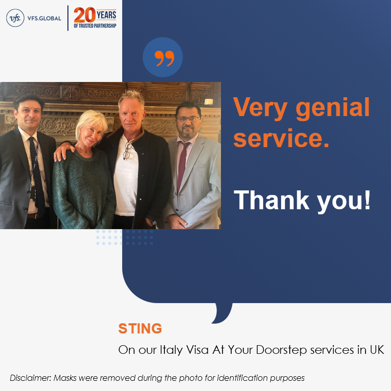VFSGlobal's tweet photo. English musician Sting and actress Trudie Styler had the most amazing feedback to share after experiencing our smooth and safe Visa At Your Doorstep services at their estate in the UK.

This made our day and we sure “Can't Stop Thinking About You!”. https://t.co/zbSwf6KecH