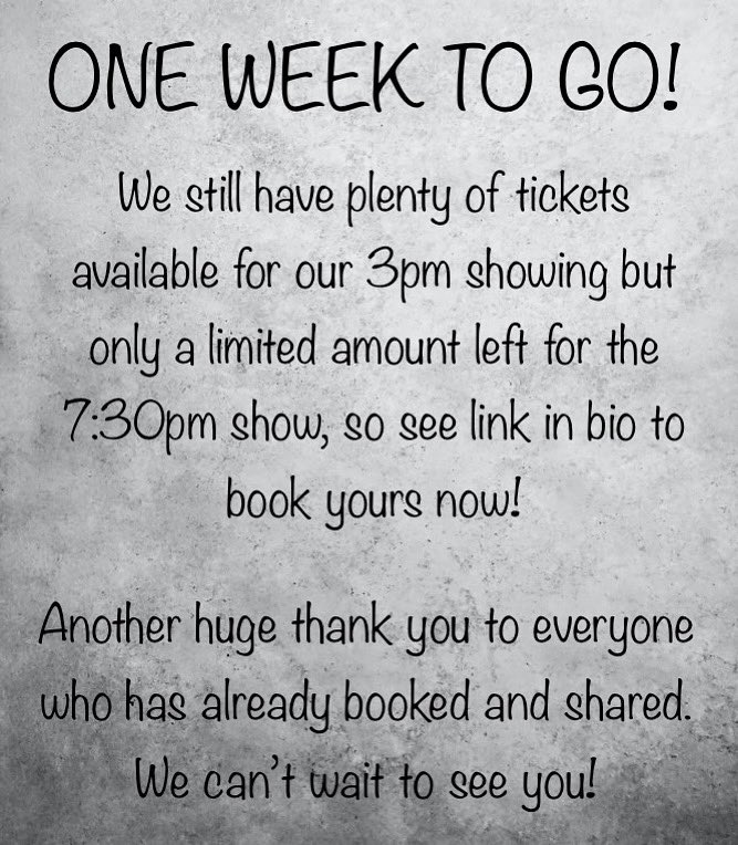 ONE WEEK TO GO…

SEE LINK IN BIO TO BOOK YOUR TICKETS! 

#britishplay #newwriting #london #play #tickets #support #talent