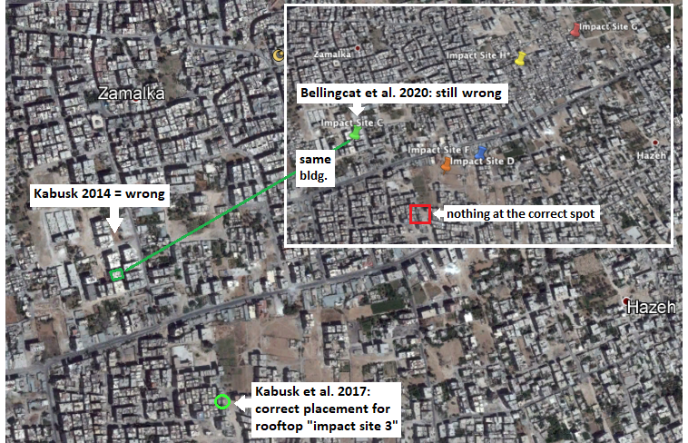 CL4Syr's tweet photo. Checking IF @ckabusk has got any Ghouta 2013 video analysis/geoloc wrong, I find he DID. A 2014 error was mindlessly copied, held til now by @bellingcat, because Higgins, whoever else were too lazy to check. shown: via @hrcberkeley 2020. #copypasteerror https://t.co/RINCqT66R4 https://t.co/m8eWvLxjJm