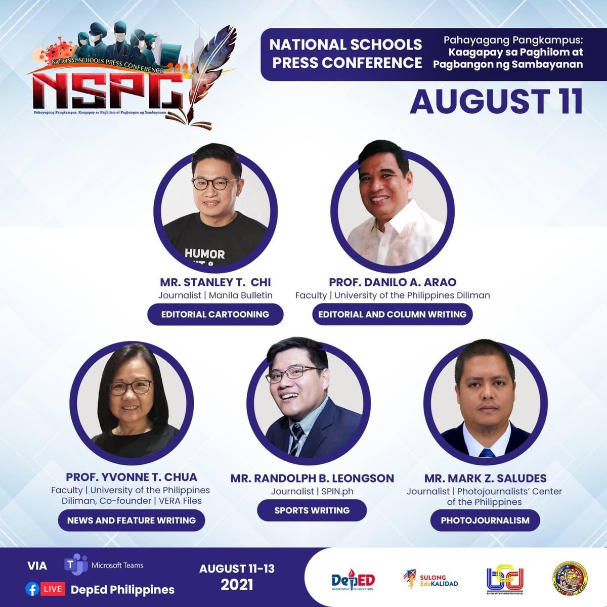 squeezeph's tweet photo. .@DepEd_PH NSPC 2021 📝 

Kilalanin ang ating mga batikan at respetadong panauhin na magbabahagi ng kanilang kaalaman sa larangan ng pamamahayag at pagsulat sa gaganaping National Schools Press Conference 2021! #NSPC2021 https://t.co/4UcOarGDNl