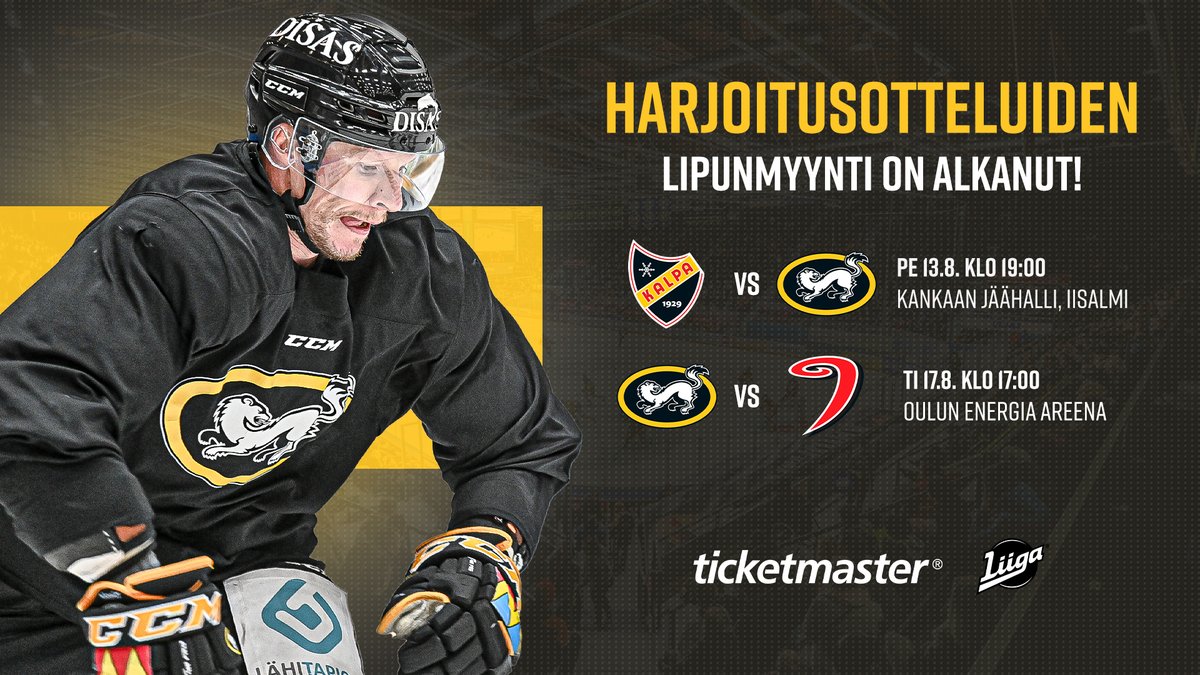 OulunKarpatFi's tweet photo. Kärppien kahden ensimmäisen harjoitusottelun lipunmyynti käynnistyi Ticketmasterissa!

PE 13.8. @KalPa_Hockey - Kärpät
🏟: Kankaan Jäähalli, Iisalmi
🎟: https://t.co/NpzpO4FVv1

TI 17.8. Kärpät - @JYPJyvaskyla 
🏟: Oulun Energia Areena
🎟: https://t.co/q6r9EU8DBF

#Kärpät #Liiga https://t.co/UFpE4cPPF4