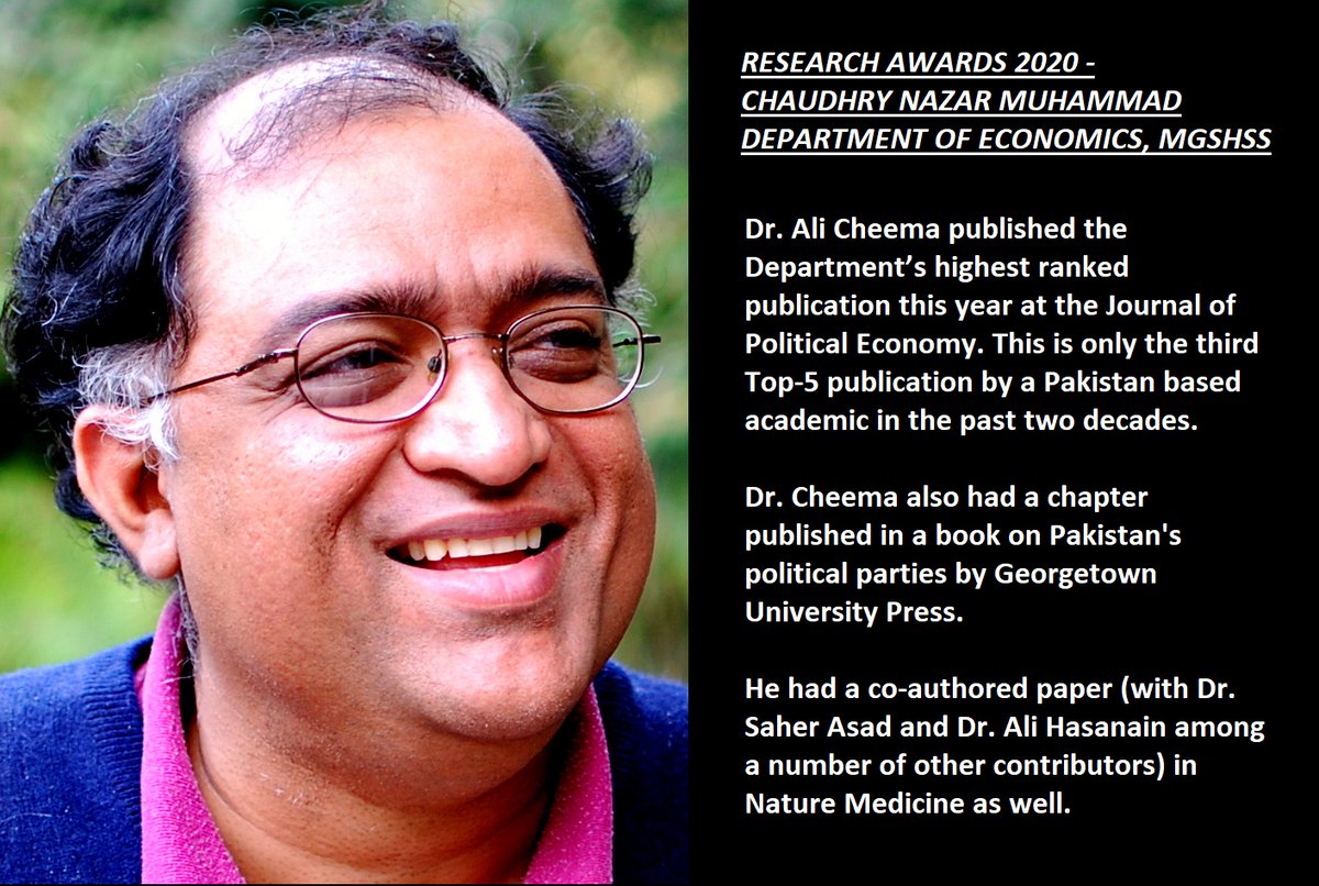 EconomicsLUMS's tweet photo. The Chaudhry Nazar Muhammad Department of Economics would like to congratulate Dr. Ali Cheema for receiving the MGSHSS Research Award 2020 for his outstanding contribution to academia and economic research.
@AliHasanain @AsadSaher @GurmaniSchool @LifeAtLUMS #lumseconomics https://t.co/pheR4ozTr1