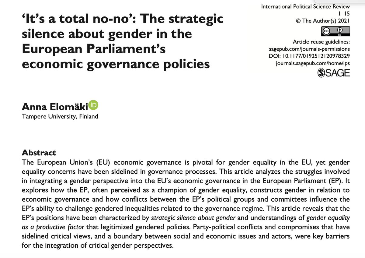 So happy to see my article on the struggles involved in integrating a gender perspective into the EU’s economic governance in the European Parliament out in <a href="/IPSR_Journal/">International Political Science Review</a>! Read it open access here: journals.sagepub.com/doi/full/10.11…