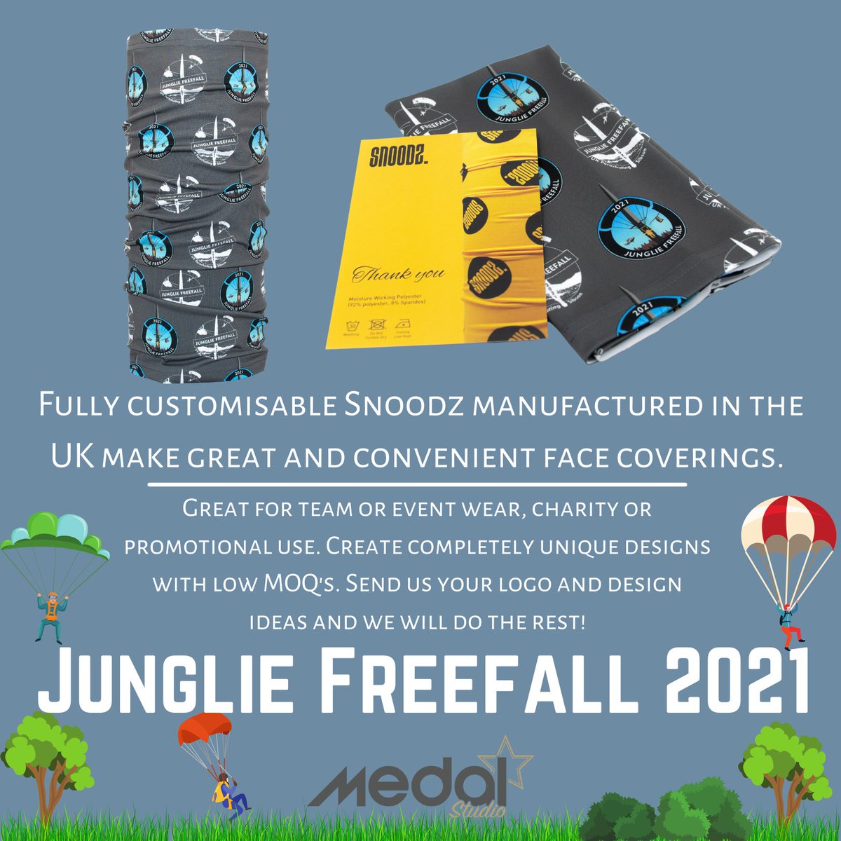 Medal Studio has recently produced these amazing Snoodz for Royal Navy Skydiving 🪂

Our fully customisable Snoodz are manufactured in the UK and make great and convenient face coverings.  

Check out some examples at medalstudio.com/buffs.html

#medalstudio #snoods #snoodz #buffs