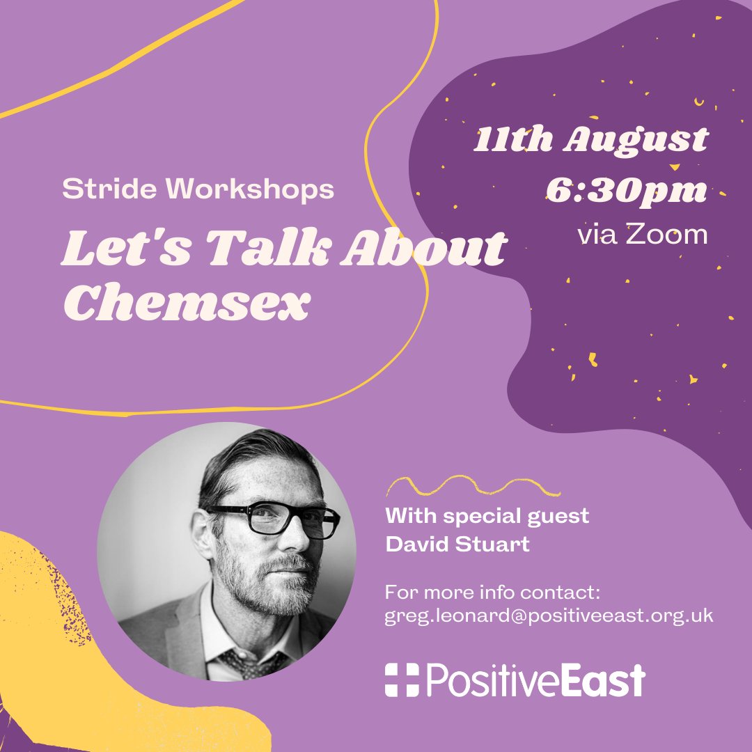 🟪 Let's Talk About Chemsex 🟪
THIS WEDS (11TH) AT 6:30PM

For this workshop, we’ll be joined by David Stuart – Manager of chemsex support clinics at <a href="/56deanstreet/">56 Dean Street</a> – to talk about how we can minimise chemsex risks and stay safe.

Info - greg.leonard@positiveeast.org.uk