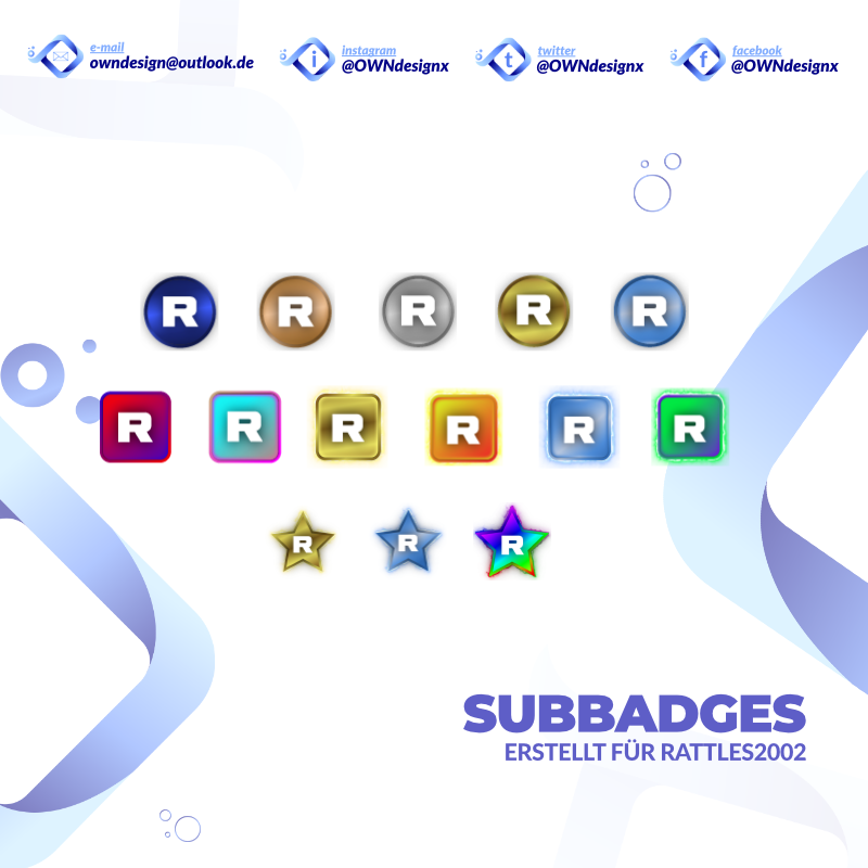 Heute möchten wir euch von uns für 
<a href="/rattles2002/">Rattles2002</a> erstellte Subbadges präsentieren.

Ihr findet Rattles2002 hier:
Twitch: twitch.tv/rattles2002
YouTube Hauptkanal: Rattles2002
Youtube 2.Kanal: RattlesTV
Facebook: @Rattles2002
Instagram: <a href="/rattles2002/">Rattles2002</a>
 
#design #twitch #caster