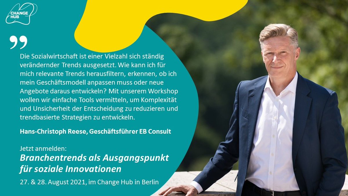 Tolles Angebot für Vorstände, Geschäftsführung sowie Führungskräfte aus der Sozialwirtschaft: Strategie-Workshop "Branchentrends als Ausgangspunkt für soziale Innovationen" am 27. &amp; 28.08.  bei uns in Berlin.

Jetzt anmelden: change-hub.de/angebote/trend…

#changehub #socialimpact