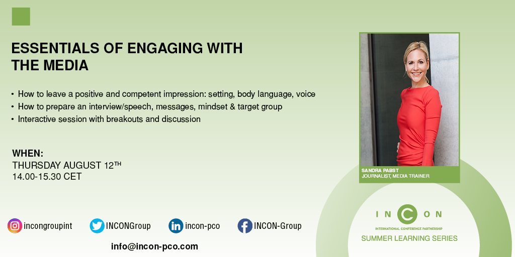 INCONGroup's tweet photo. Learn how to leave a positive and competent impression and how to prepare a typical media interview at our 90 min workshop with @SandraPabst this Thursday. Register here: https://t.co/UbGfaVZoX5
#inconlearning https://t.co/3irxUs9HJA