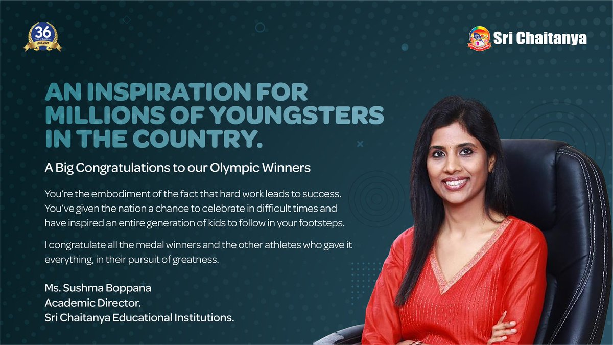 Sri_Chaitanya_'s tweet photo. A message to all the medal winners by the Academic Director of Sri Chaitanya Educational Institutions, Mrs. Sushma Boppana. Applauding the athletes for their contribution to the history of Sports.

#SriChaintanya #AcademicDirector #MrsSushmaBoppana #Message #Athletes #Olympics https://t.co/WLNd6WKFiB
