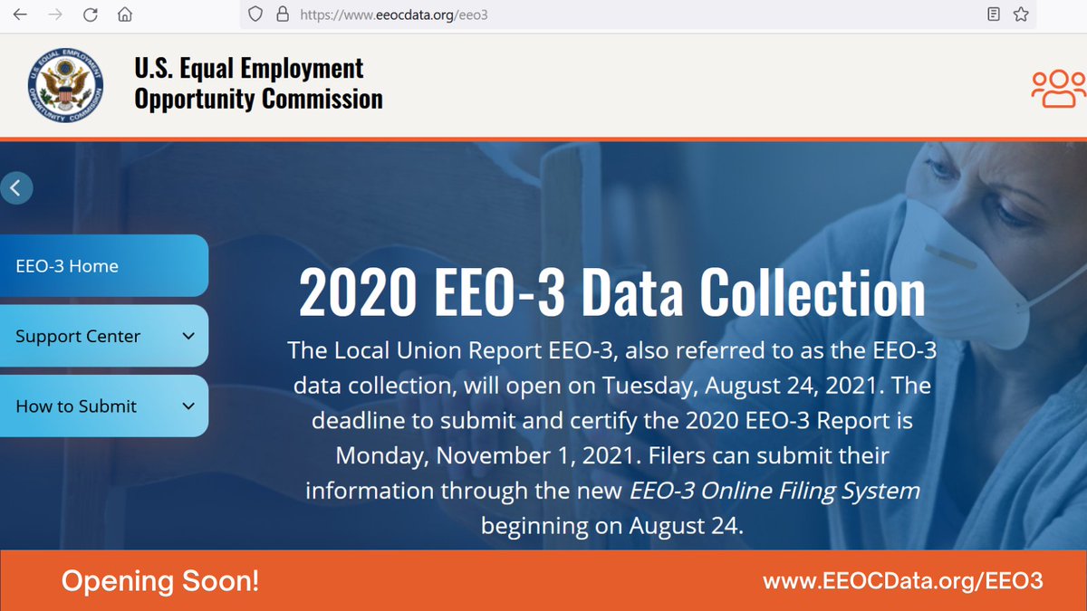 USEEOC's tweet photo. The 2020 EEO-3 (Local Union Report) data collection will open on August 24, 2021! Please check out the new EEO-3 website at https://t.co/KASuLXXYRi for the latest updates and helpful resources. The deadline to submit the 2020 EEO-3 report is November 1, 2021. https://t.co/2Nyi1vvrwe