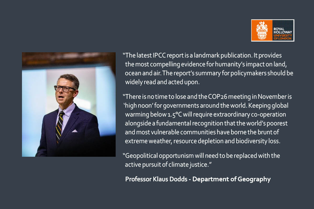 _RHResearch's tweet photo. "The latest IPCC report is a landmark publication." Professor @klausdodds from @RHULGeography @RoyalHolloway has commented on the latest report on #ClimateChange from @IPCC_CH #ClimateReport #IPCC https://t.co/VV6NNTpBxW