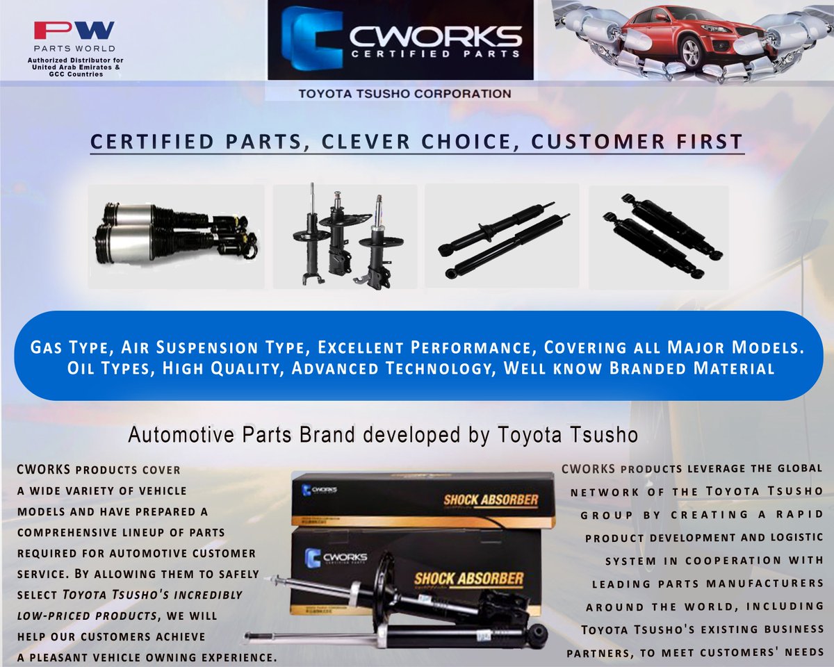 Partsworlduae's tweet photo. CWORKS are countless automotive products with various qualities, prices &amp; performances. Toyota Tsusho has developed CWORKS, in order to accommodate the customers’ need for high-quality selected products, associated with a brand they trust.
#cworks #toyota #shockabsorber #dubai https://t.co/dk0LWZ9IIb