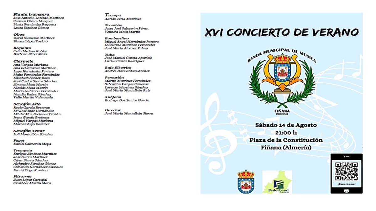 Programa de mano del XVI Concierto de verano "La Banda Sonora de tu pueblo". El próximo 14 de Agosto a las 21:00h en la plaza de la constitución de Fiñana (Almería).
