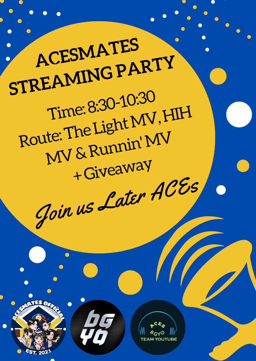 agnt_moonhunter's tweet photo. Hello ACEs and ACEsmates! Join us later 8:30 sa aming Monthsary Streaming Party!

Playlist:
https://t.co/SG88nLK8yH

Reply your entries here later &amp; Read the Mechanics first

#ACEsmates #BGYO https://t.co/MXiykaST2U