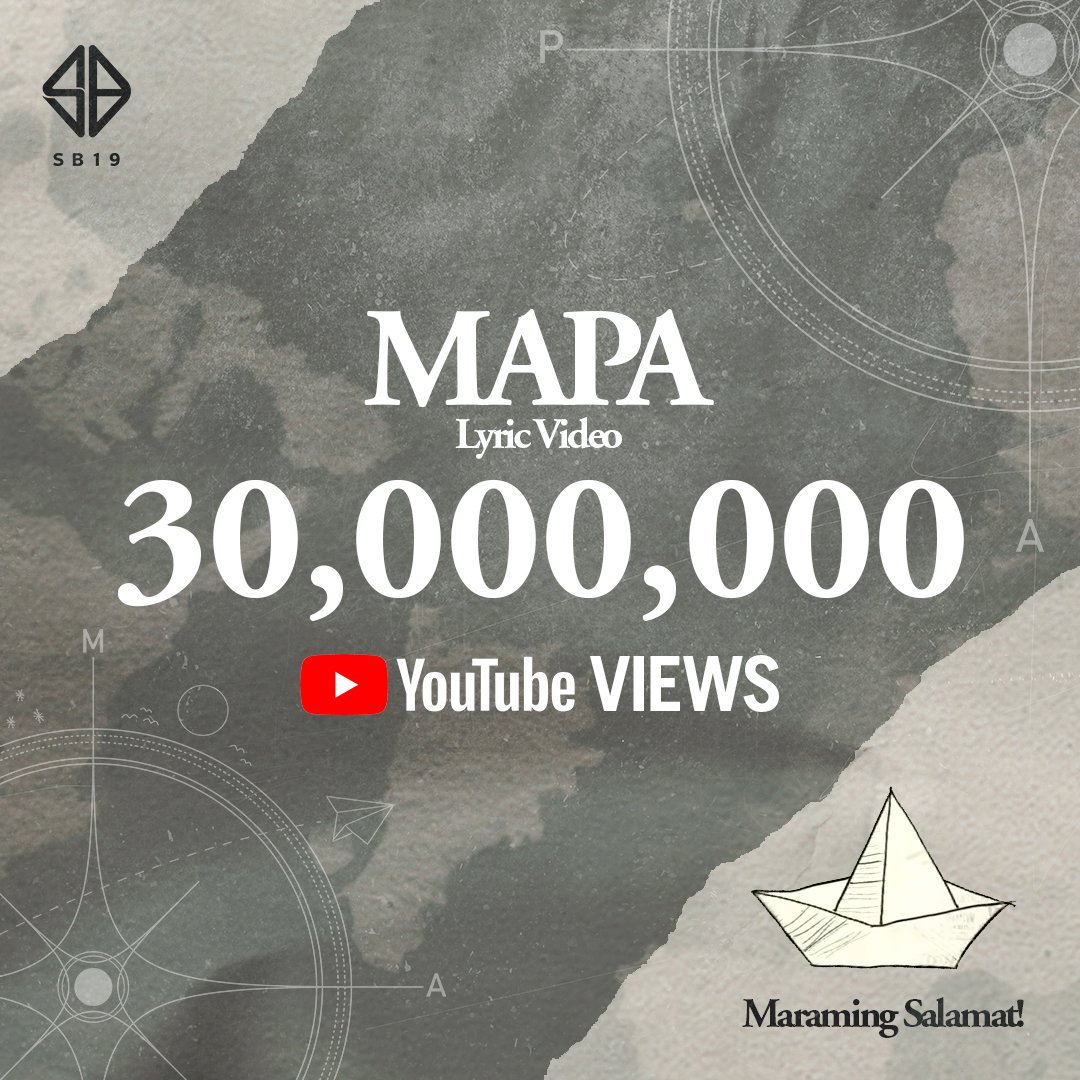 SB19Official's tweet photo. 🎉 #SB19MAPA30MViews

#SB19's Lyric Video for 'MAPA' hits over 30 MILLION Views on YouTube! May we continue to honor our Ma and Pa through this song. Maraming salamat po! 💙

🎥 Watch #SB19MAPA here: https://t.co/QoGxwXITGG https://t.co/0HBr69gTIw