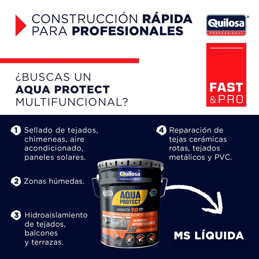 QuilosaSLU's tweet photo. #AQUAPROTECT MS LÍQUIDA es un revestimiento altamente elástico para la impermeabilización 💦 y pequeñas reparaciones, como techos, balcones o terrazas. También se puede aplicar sobre superficies húmedas y mojadas.
👉 Conoce más en https://t.co/s9mTlnSZEM
#YoSoyFASTPRO https://t.co/LgDVMhX3zl