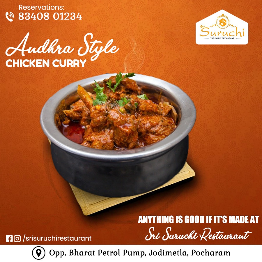 Srisuruchi's tweet photo. Andhra Style Chicken curry
Call -8340801234
Visit-Opp Bharat Petrol Pump, jodimetla, pocharam, Hyderabad.
#srisuruchirestaurant #chickencurry #andhrastylechickencurry #andhrastyle #chicken #deliciousfood #authenticfood #andhrachickencurry #food #foodforthesoul https://t.co/grBccJdl6b