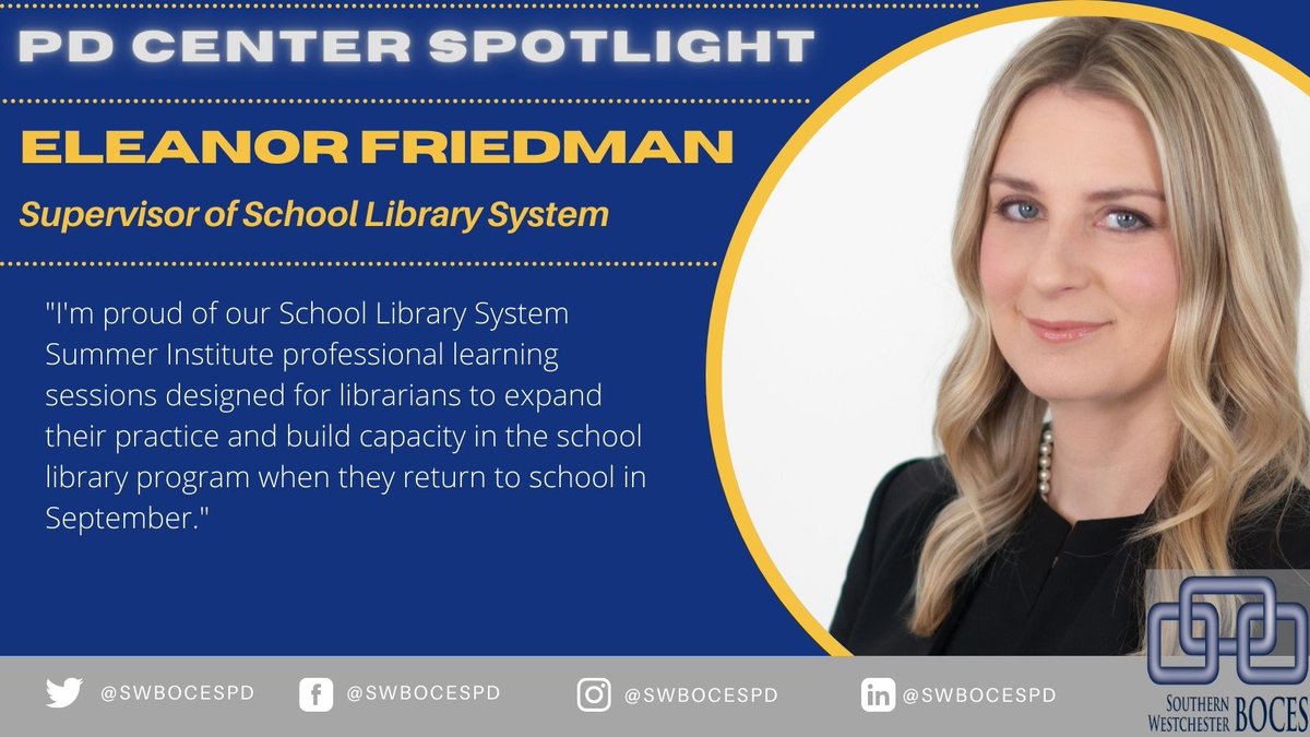 swbocesplcs's tweet photo. Happy Monday! This morning we shine the spotlight on the Supervisor of School Library Systems Eleanor Friedman! Click here to learn more: https://t.co/OxGLFy1IGG
#swbocespd #PDSpotlight #Improud #SLS https://t.co/Z0eqSCqWsn